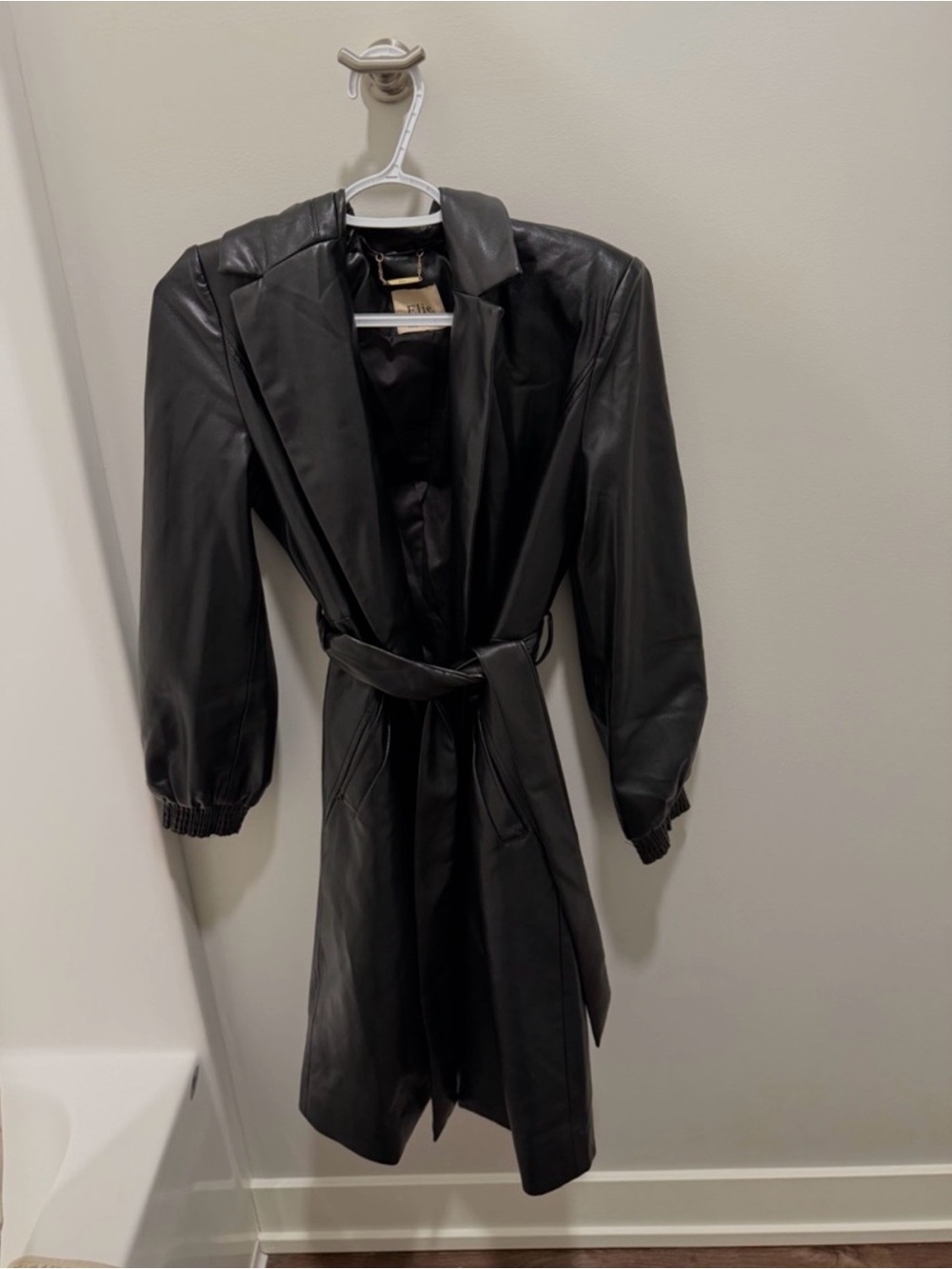 Black Faux Leather Belted Trench Coat - Elie Tahari - Size M